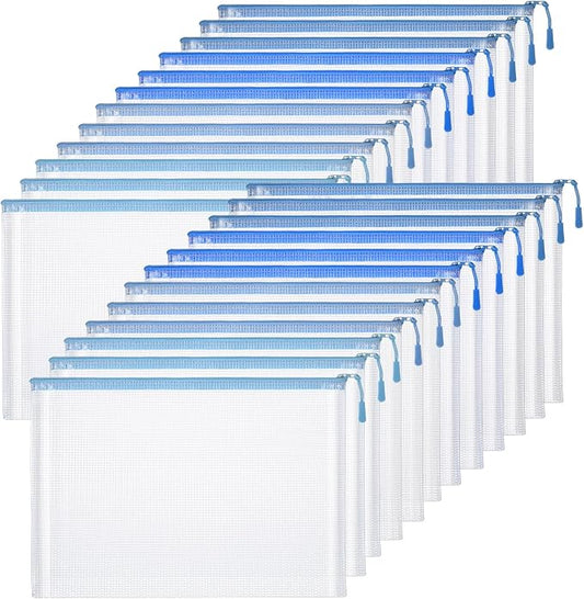 Feifeiya 24 Pack Blue Mesh Zipper Pouch Bags, A4 Size Clear Mesh Zipper Storage Bags Bulk for School Office Organization