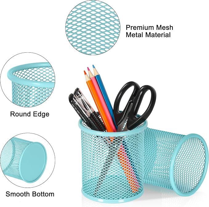 EasyPAG Pencil Holder for Desk, 2 Pack Metal Pen Organizer, Mesh Pencil Cup Organizer for Home, Office, Classroom, School, Light Blue