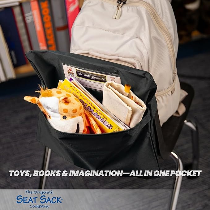 Seat Sack Student Chair Storage Pocket - 17", Single Pocket, Classroom Chair Organizer for Student Desks, Durable Over-the-Chair Storage, Black, 25-Pack