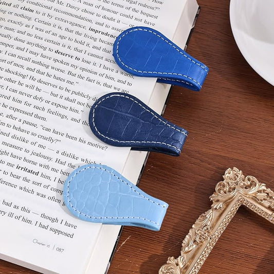 3PCS Vintage Magnetic Leather Bookmark, Leather Magnetic Bookmarks for Women, Magnetic PU Bookmarks Clip Book Accessories, Blue Pattern
