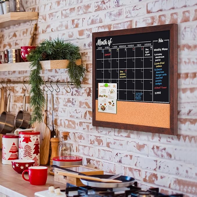 4 THOUGHT Chalkboard Calendar Corkboard Combo, 24" x 18" Bulletin Board Magnetic Calendar Chalkboard for Wall Monthly Planner Combination Board Rustic Brown Frame 4 Markers 8 Magnets 10 Pushpins