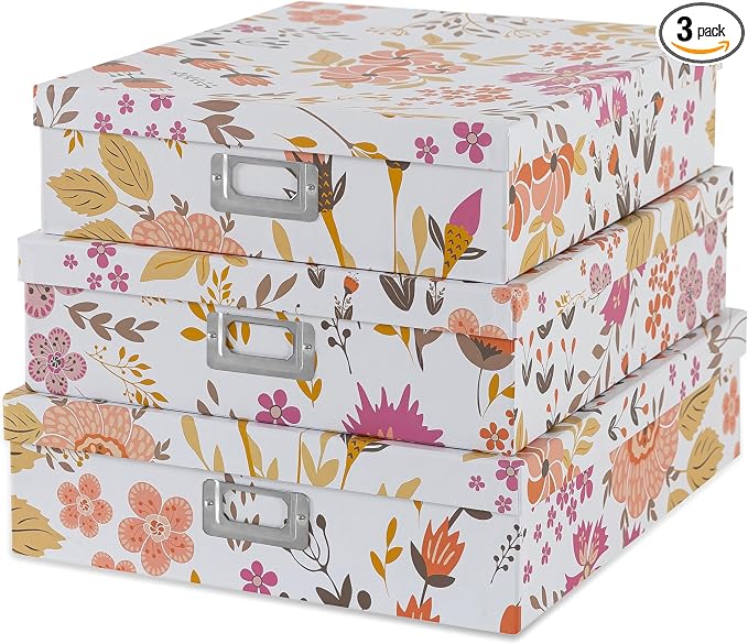 Soul & Lane Floral Collage Decorative Cardboard Boxes with Lids, Set of 3 Memory Boxes for Keepsakes and Photos, Letter Storage for Documents, Scrapbooks, Organizing