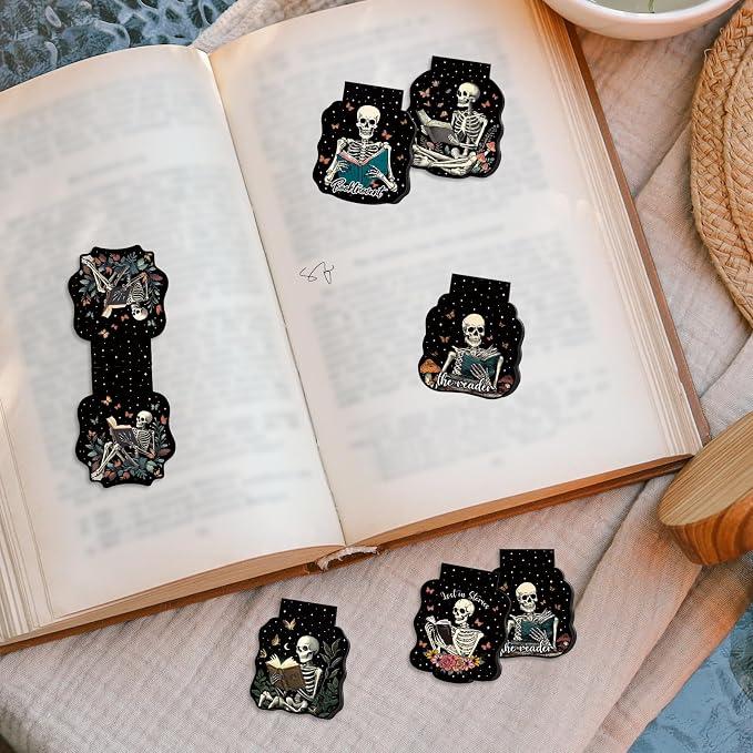 Wxiben Gothic Skeleton Bookmark Magnetic - 8 Pcs Skeleton Reading Bookmarks Magnetic Flower Skull Book Lover Book Marks Page Magnets Marker Clip Gifts for Women Men Students Teacher Reader Bookish