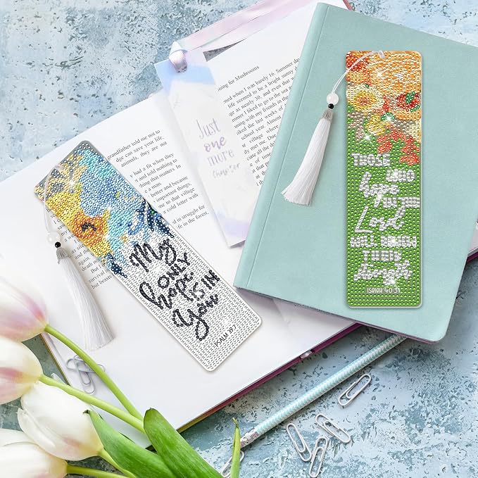 8 Pieces Christian Bible Verse Diamond Art Bookmarks 5d Christian Beaded Bookmark Acrylic Tassel Bookmark for DIY Making Beginners Adults Arts Craft Supplies (Floral Christian)