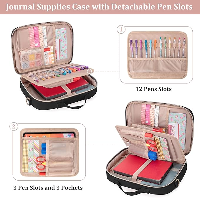 Teamoy Journal Supplies Storage Case, Journal Supplies Holder with Detachable Pen Slots, Travel Organizer Holder for B5 Notebooks, Planner, Pens, Journal Supplies and Accessories, Black Quilted