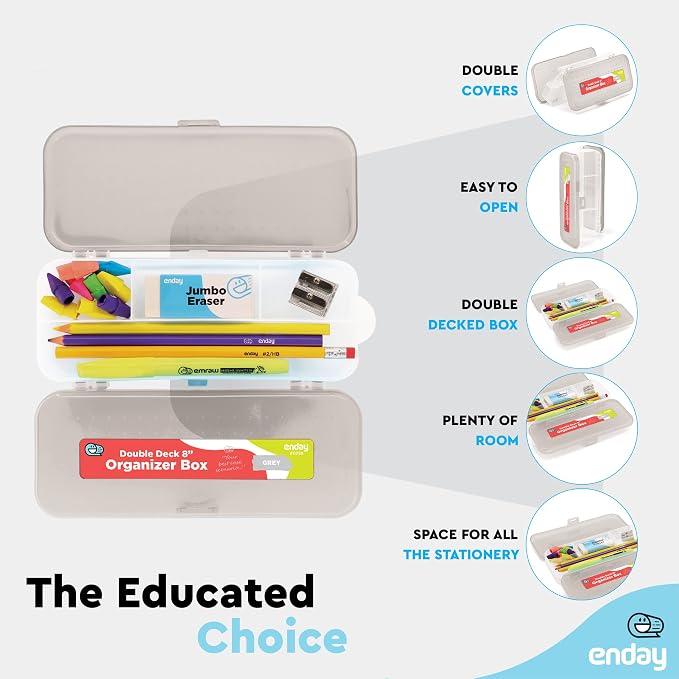 Enday Pencil Box Grey, Plastic Double Deck Pencil Case with 7 Compartments, Box Organizer with Snap Closure for Home and Office