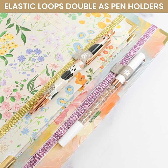 bloom daily planners Elastic Planner Bands with Pen Holder Loop - Set of 3 Stretchy Closure Bands/Bookmarks for Planners, Journals, Notebooks & More - Gold, Pink, Silver