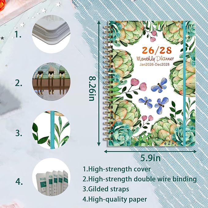 2026-2028 Planner, Three-Year Planner, Daily Plan and Monthly Plan Book, Bound with Iron Circle, A5 (8.26 "x 5.9") (Green)