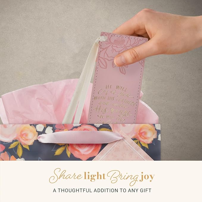 Christian Art Gifts Premium Vegan Leather Inspirational Scripture Bookmark for Women: Under His Wings Encouraging Bible Verse, Satin Ribbon, Reading Accessory for Books, Bibles, Pink & Gold Floral
