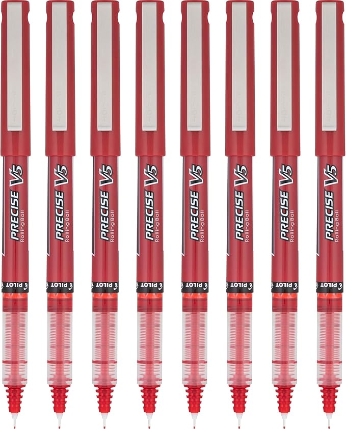 Pilot, Precise V5, Capped Liquid Ink Rolling Ball Pens, Extra Fine Point 0.5 mm, Red, Pack of 8