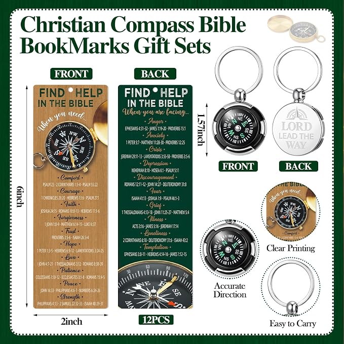 Kenning 12 Set Father's Day Christian Gift Bulk, Include 12 Religious Compass Key Tag 12 Bible Bookmark with Organza Bags Christian Gift for Men Bible Study Group Favors