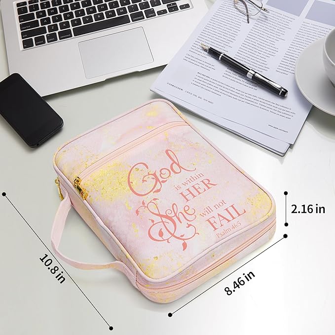 Bible Cover for Women, Bible Holder, Bible Cover Carrier Carrying Organizer Bag, God is Within Her She Will Not Fall, Zipper and Pockets for Standard Size Bible, Gift for Women（Pink Marble）
