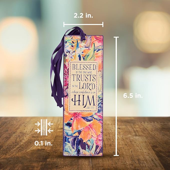Christian Art Gifts Premium Vegan Faux Leather Scripture Bookmark for Women: Blessed Is The One - Jeremiah 17:7 Inspirational Bible Verse, Faith-Based Reading Book Accessory with Tassel, Purple Floral