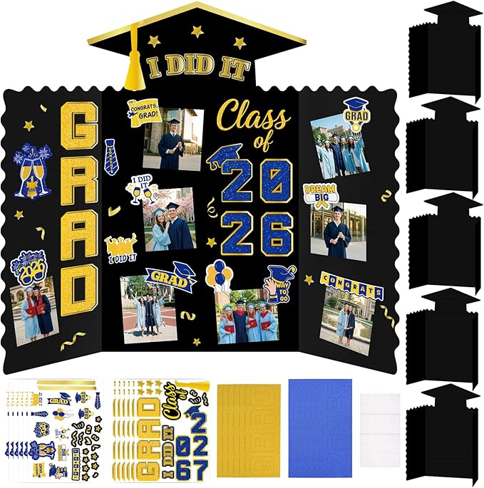 Moon Boat 5 Pack Graduation Decorations 2026 Trifold Poster Boards with Stickers Class of 2026 Grad Party Picture Display Supplies(Blue Gold)