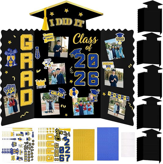 Moon Boat 5 Pack Graduation Decorations 2026 Trifold Poster Boards with Stickers Class of 2026 Grad Party Picture Display Supplies(Blue Gold)