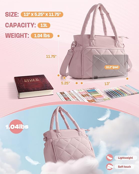 Marscamd Puffer Bible Bag with Crossbody Strap and Water Bottle Pockets, Quilted Bible Tote Church Bag for Women