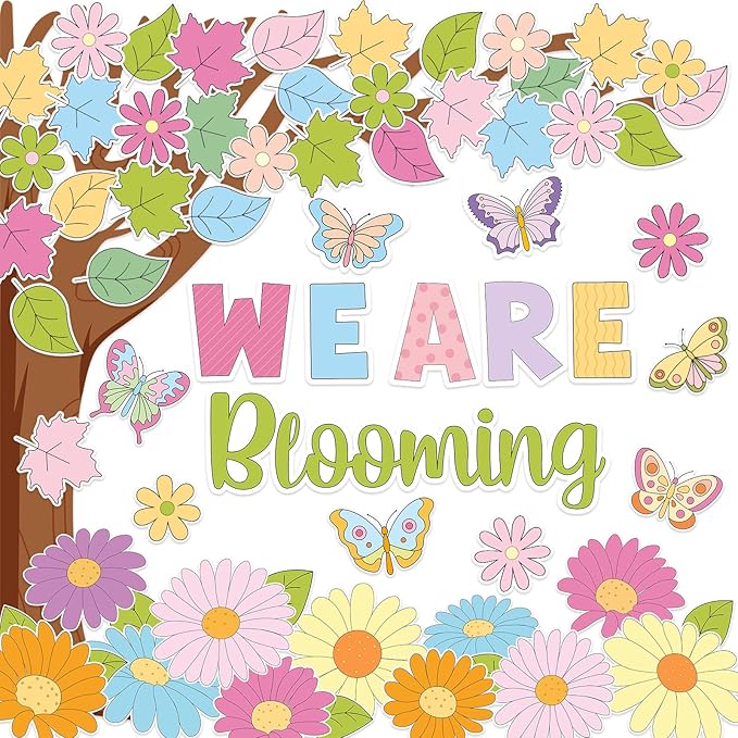 JarThenaAMCS Spring Tree Bulletin Board Decorations Set We are Blooming Classroom Decoration Daisy Flower Butterfly Paper Cutouts for Home School Chalkboard Wall Door Decor Supplies