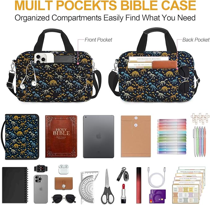 Dinosaur Bible Cover Case for Kids Boys Mens, Large T-rex Bible Carrying Book Case Church Bag Strap Handle Zipper Pocket, Bible Study Supplies Journaling Kit, Highlighters Pens Cross Clips