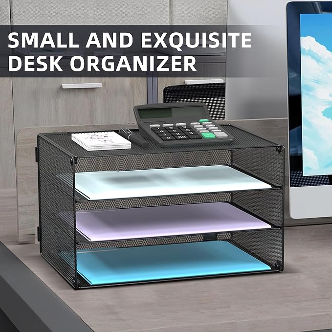 DALTACK 3 Tier Letter Tray Paper Organizer for Desk, Mesh Metal Desk File Organizer with Sliding Trays for Letter/A4 Paper, Mail, Bills & Folders, 2 Pack, Black