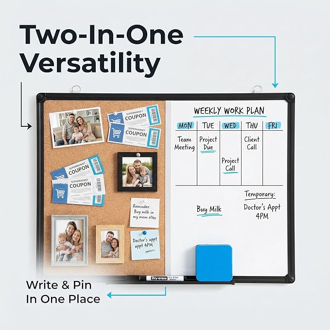 Magnetic White Board and Cork Board Combo, 24" x 18" Combination Bulletin & Dry Erase Board, Wall Mounted for Home, School and Office, Black Aluminum Frame