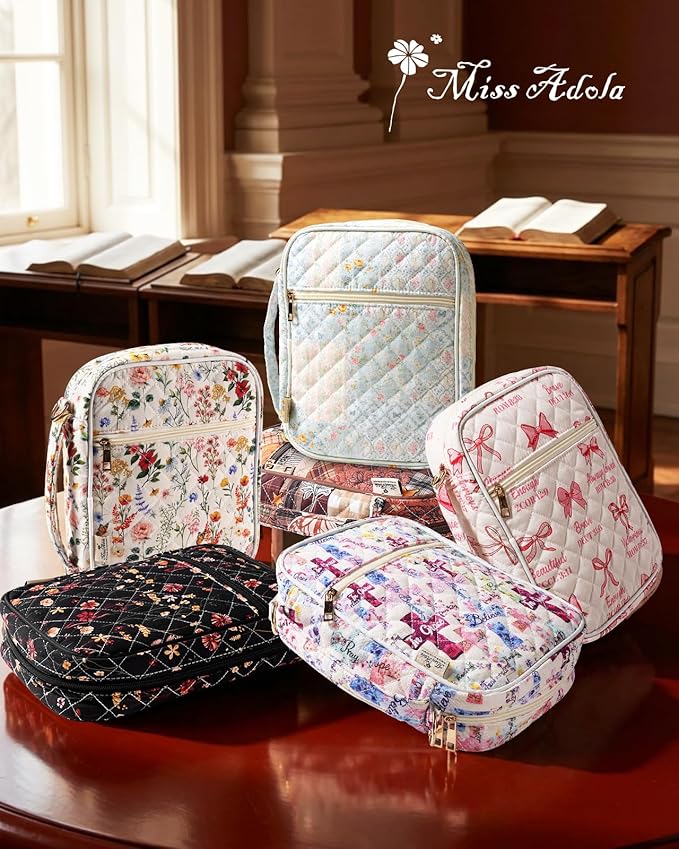 Miss Adola Bible Cover Case for Women - Quilted Bible Carrying Case Organizer Study Bag with Zipper Handle and Shoulder Strap Bows Book Cover for Teen Girls