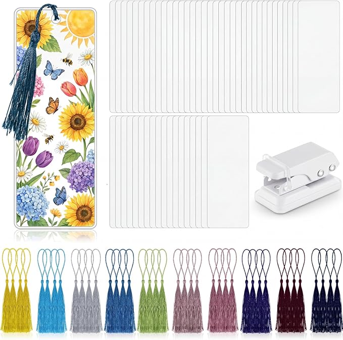 Fuyoooo 301 Pcs DIY Bookmark Making Kit 150 Bookmark Laminating Pouches 5 Mil Hot Laminator Sleeves with 150 Tassels and Puncher Fit Most Pouch Laminating Machines (Dark Color,2.36 x 6.3 Inches)