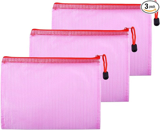 3 Pcs 9.25" x 6.69" A5 Sizes Mesh Zipper Pouch Bags, Mesh Bags with Zipper，Waterproof Clear document pouch for Organization Puzzles Travel, Office, Classroom Organization, A5 Red