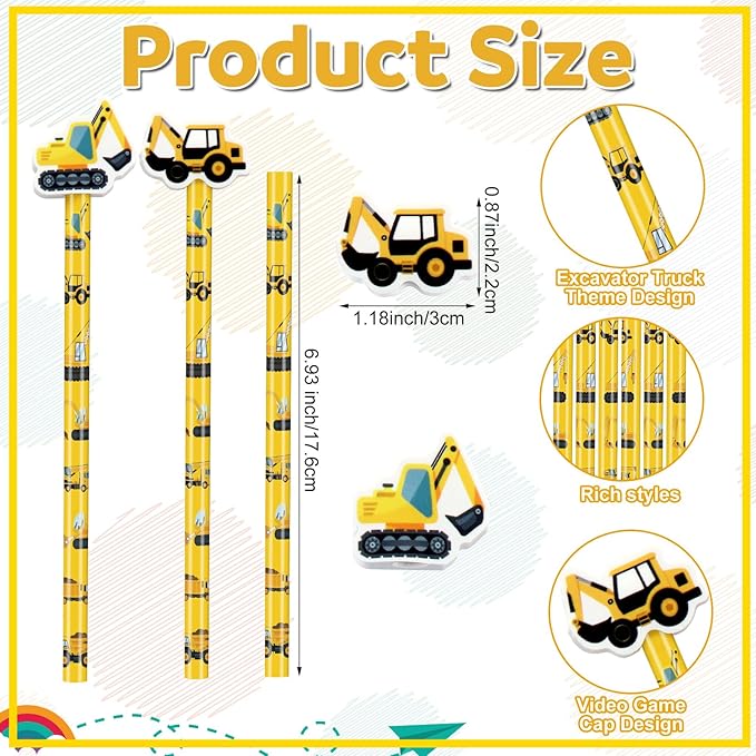 32 Pcs Construction Pencil with Eraser Excavator Truck Construction Party Favors Stationery Supplies for School Classroom Exchange Gift Reward Prizes Theme Birthday Party Supplies