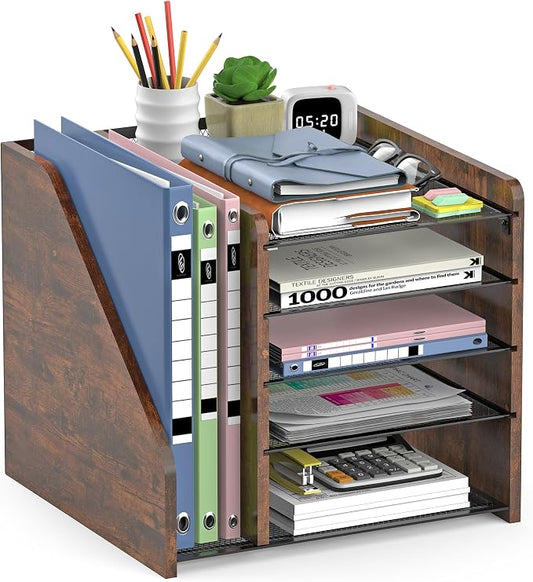 Desktop Storage with File Rack, 5-Layer Paper Letter Tray Storage, mesh Desktop Storage, and Storage Device with Office Supplies and Magazine Rack-Wood Grain