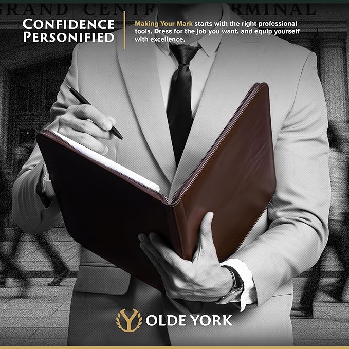 OLDE YORK Leather Padfolio — Leather Binder Portfolio for Men, Padfolio for Men & Women — 100% Authentic Top-Grain Leather (Dark Brown)