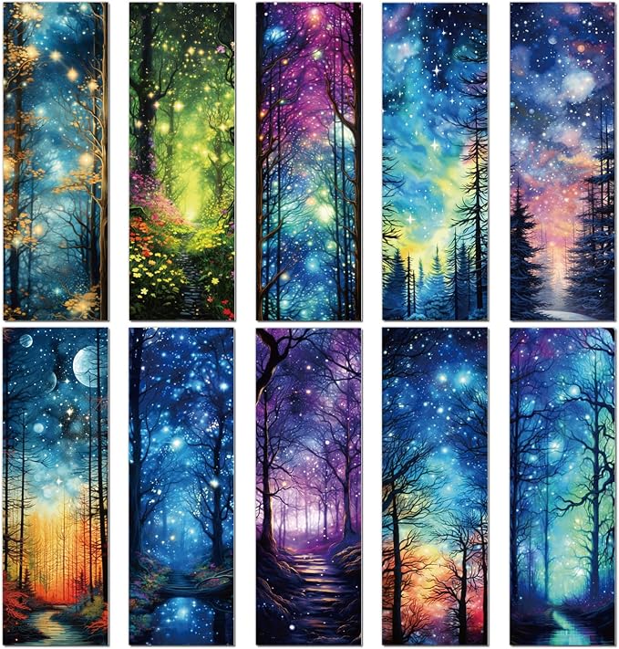 Wxiben Fantasy Forest Transparent Bookmark - 10 Pcs Starry Night Sky Transparent PVC Bookmark Moon Space Book Mark Page Clips Gifts for Women Men Book Lovers Teacher Bookish Reading Accessories