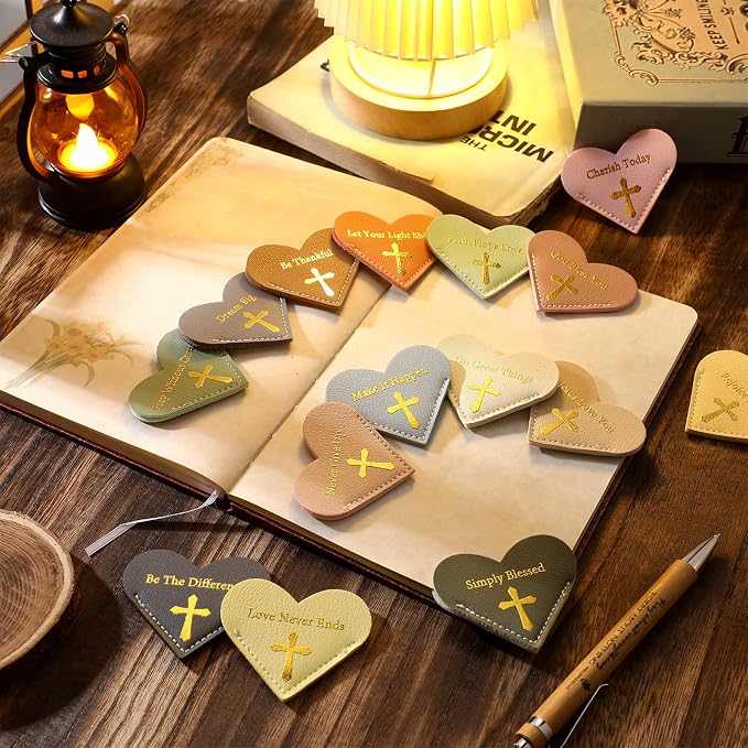 Kosiz 32 Pcs Bible Verse Leather Heart Bookmark Page Corner Book Marks Cute Leather Bookmark Clips for Women Reading Accessories for Home Office School Bookworm, 16 Colors