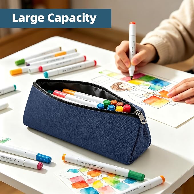 Blue Large Capacity Pen Bag Portable Stationery Pouch Premium Nylon Oxford Cloth Zipper Organizer for Office Business Travel