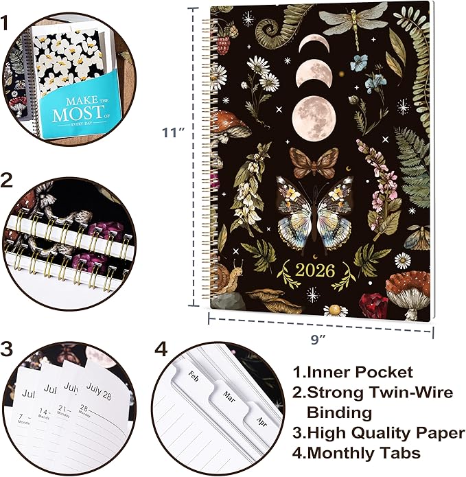 2026 Planner - January - December 2026, 8.5" x 11" Weekly Monthly Planner 2026, 2026 Calendar Spiral Bound with 12 Monthly Tabs, Inner Pocket