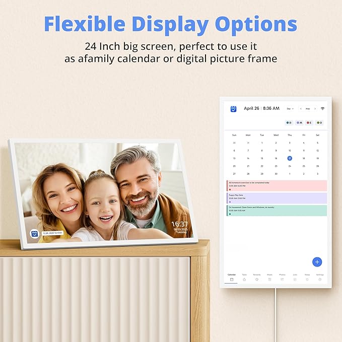 Digital Calendar 24 Inch Touch Screen, Electronic Wall Calendar Chore Chart for Family Monthly/Weekly Planner, Interactive Display Smart Calendar for Home Organization, Desk Mount Included - White