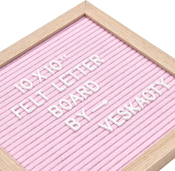 Felt Letter Board with 294 Letters, Numbers & Symbols - 10 x 10 inch Changeable Message Board with Wooden Frame Wall Mount Hook, Pink & Wood