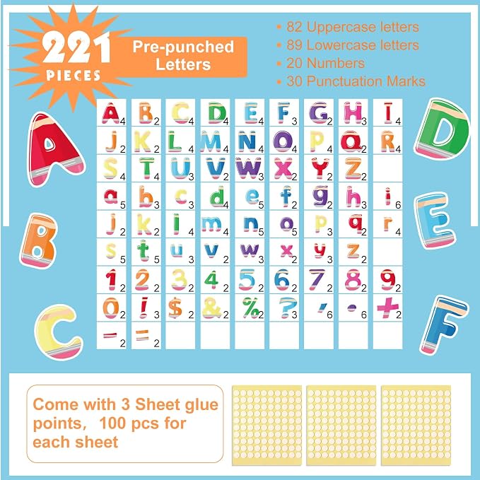 221 Pcs Pencil Bulletin Board Letters, Round Alphabet Number Punctuation Symbol Combo Letter Cutouts, Colorful Classroom Decor for Summer School Classroom Chalkboard Poster Bulletin Board Wall