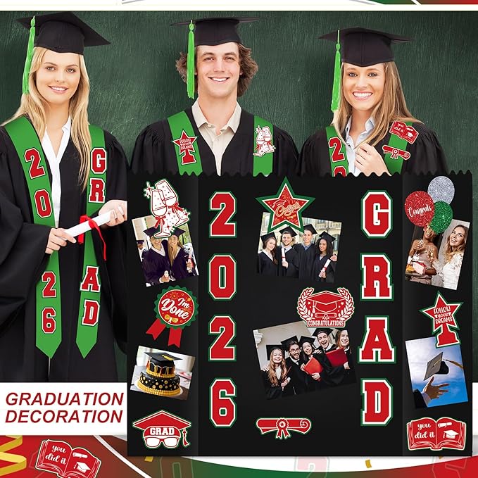 AmazingSpark 2 Sets Graduation Photo Display Board Trifold Poster Board with 12 Graduation Themed Stickers for 2026 Grad Party Decoration Picture Collage Frame Supplies (40 x 28,Red Green)