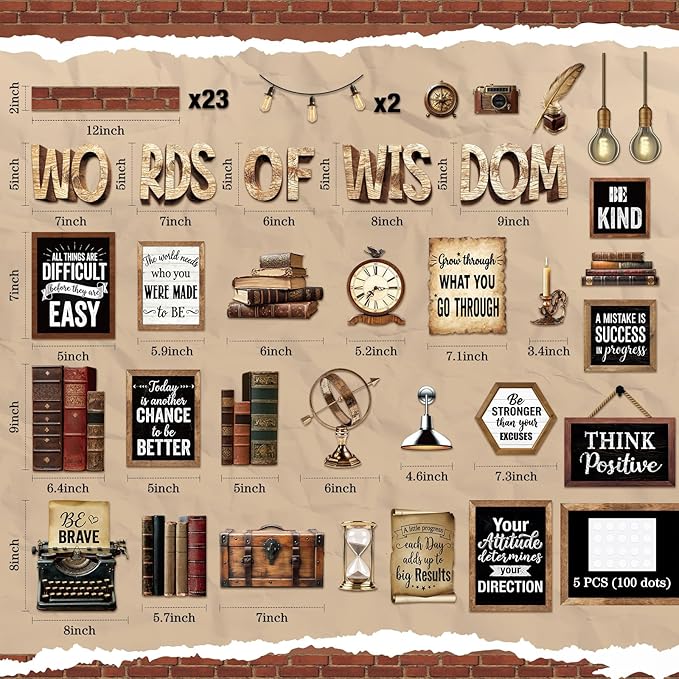 Mooliwe 57 Pcs Industrial Chic Bulletin Board Set Inspirational Rustic Classroom Decoration Farmhouse Bulb Typewriter Brick Cutout for School Office Chalkboard Door Wall Decor