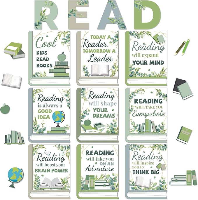 Qyeahkj Eucalyptus Reading Bulletin Board Poster for Classroom Boho Greenery Cutouts Motivational Bulletin Board Elementary Educational Prints Poster for Teachers Kindergarten Preschool Library