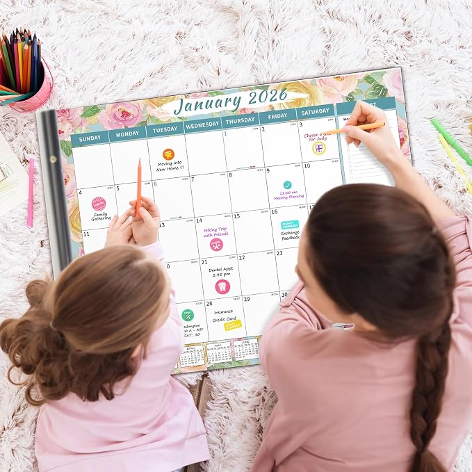 Ospelelf 2026 Desk Calendar Large 22'' x 17'', Monthly Desktop Calendar with Plastic Cover, 18 Month Calendar for Office, Family, Use Jan 2026 - June 2027, Floral