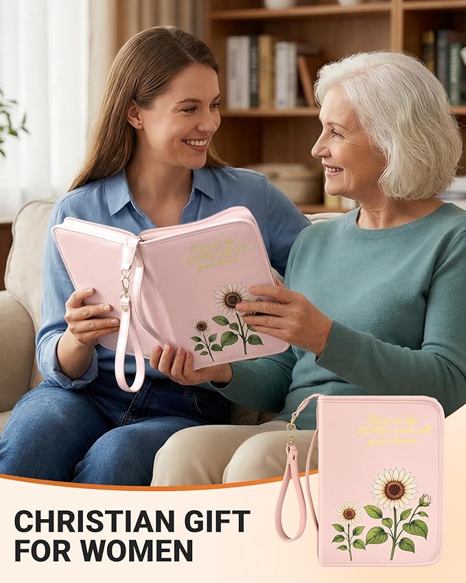 Bible Cover Case for Women, Large PU Leather Bible Bag with Multiple Pockets, Reinforced Handle and Wrist Strap, Zippered Organizer for Bible Study and Church, Gift for Her, Pink