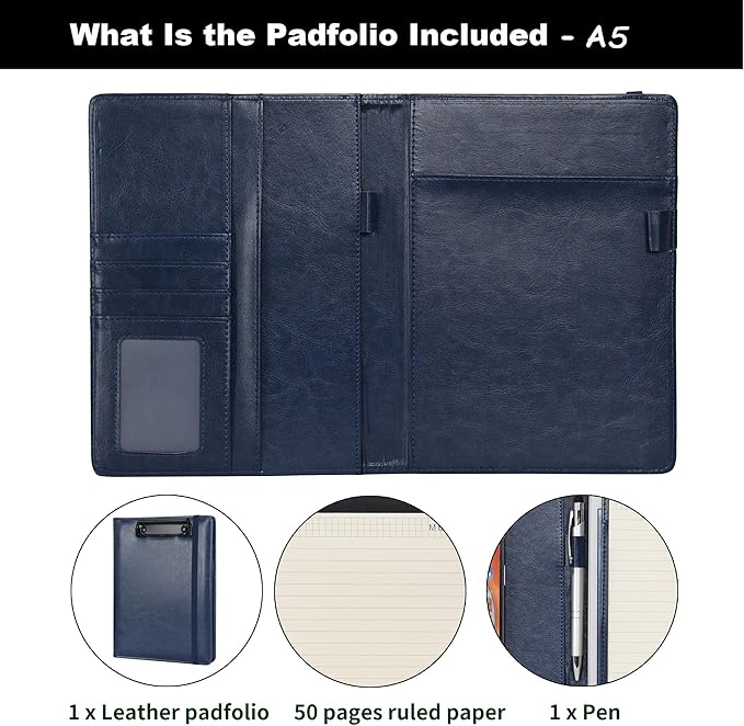 Wonderpool A5 PU Leather Clipboard Partfolio Recipe Binder Notepad Forms Holders Document Case - Interview Planner Meeting Writing Padfolio File for Office Travel School Hotel Restaurant (A5,Blue)