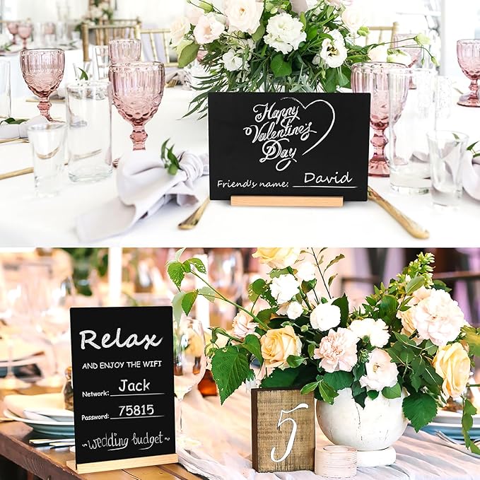 Tabletop Chalkboard with Wood Stand - 2 Pack, 6 x 8 Inch Double Sided Blackboard Food Signs Menu Message Boards for Coffee Bar, Lemonade Stand, Party Decoration - Slant Back