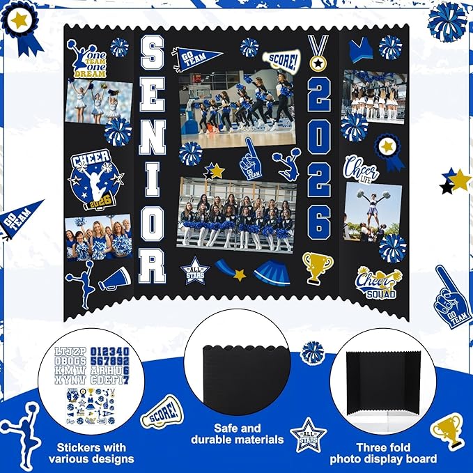 Tinlade 3 Set Cheerleading Senior Night Decorations 2026 Photo Display Board 24" x 16" Trifold Poster Board with Cheerleader Themed Stickers for Graduation Picture Frame Sport Theme Party Supplies