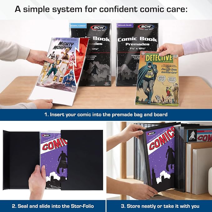 BCW Comic Book StorFolio Kit – Includes Magnetic Comic StorFolio + 50 Silver Age Premade® Resealable Comic Book Bags and Boards | Comic Book Case, Comic Holder & Silver Age Comic Storage