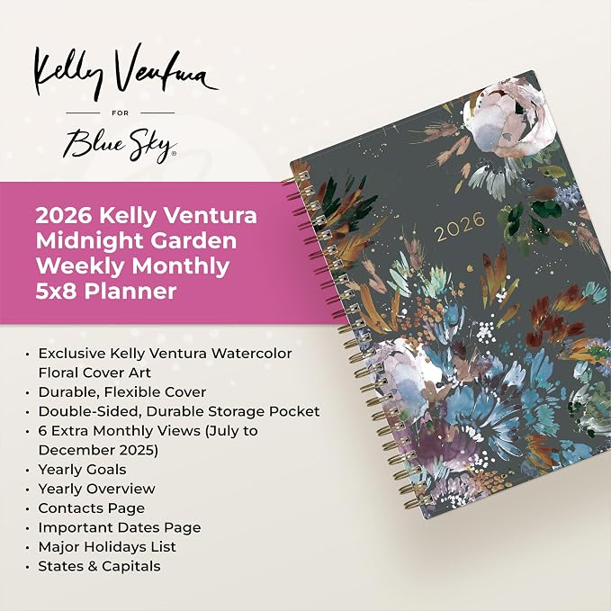 Blue Sky Kelly Ventura 2026 Weekly and Monthly Planner Calendar, January 2026 - December 2026, 5" x 8", Flexible Cover, Laminated Tabs, Durable Twin Wire Binding, Storage Pocket, Midnight Garden