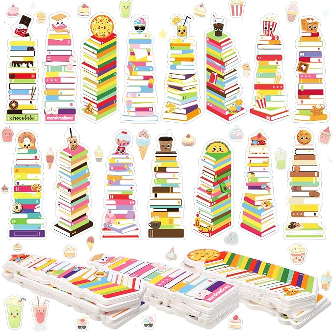 Kolldenn 150 Pcs Book Tracker Bookmarks Bulk 6.3 x 1.97 Inch Bookshelf Love to Read Bookmarks Paper Tracking Double Sided Reading Page Markers for Back to School Reading Lover(Snack)