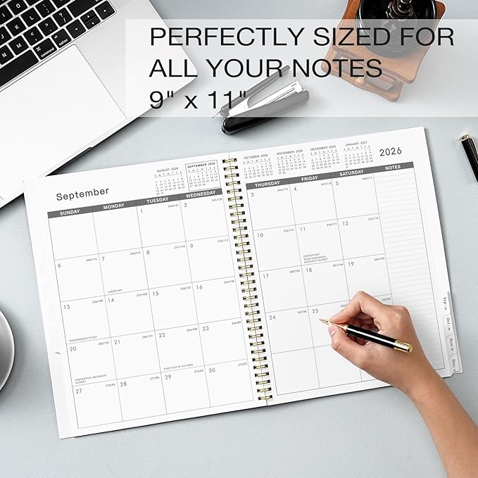 2026-2027 Monthly Planner - 2026 Monthly Planner, JAN. 2026 - DEC. 2026, 9" x 11", Tabs & Note Pages, Spiral Binding, Thick Paper, Back Pocket