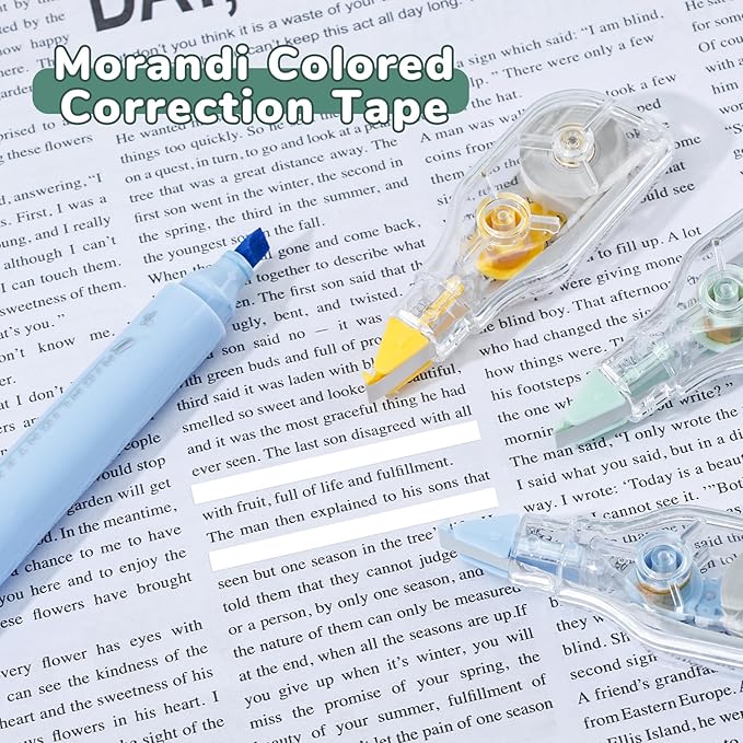 Temiary 3 Pcs 2 In 1 Aesthetic White Correction Tape and Pastel Highlighters Set, Smooth Pull Out Tape with Highlighter Pen for Bible Journaling School, Home, and Office Supplies (Multicolored)